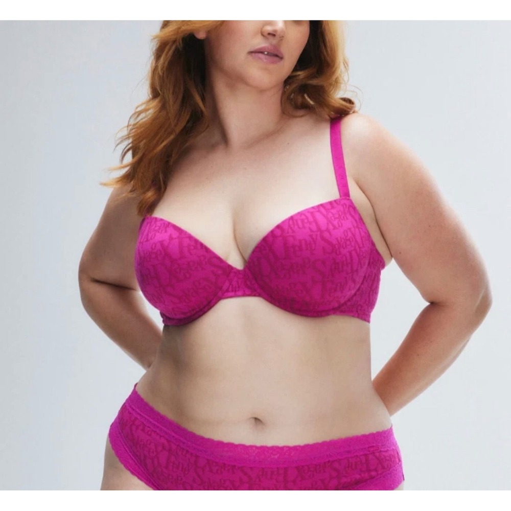 Savage X Fenty T-Shirt Bra Women 34DD Pink Logo Print Underwire Adjustable Strap